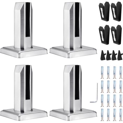 Pinces à verre en inox 304, lot de 4 - Supports de fixation au sol pour verre 8 à 12 mm - Pinces pour garde-corps, escalier, balcon et piscine - Argent