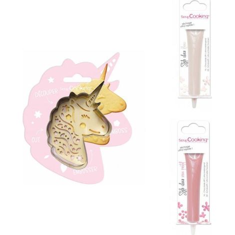 Kit pour biscuit en relief Licorne + 2 Stylos au chocolat blanc et rose pastel