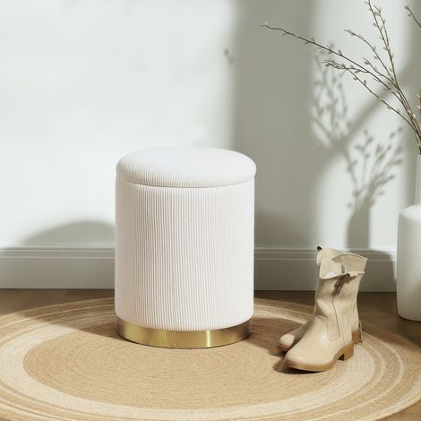 Ottoman avec rangement Tabouret pliant couvercle, repose-pied rond 36 x 36 x 44 cm Blanc crème, base en acier (1/4)