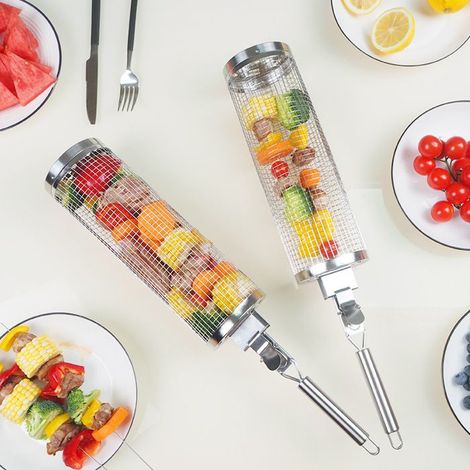 Panier à griller roulant en acier inoxydable ®RisingFF, 2 pièces, pour viande, légumes, frites, poisson et crevettes (1/5)
