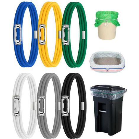 Lot de 6 élastiques pour sacs poubelle de cuisine (6 couleurs), adaptés aux poubelles de 13 à 30 gallons. Ces élastiques résistants maintiennent les sacs poubelle en place.