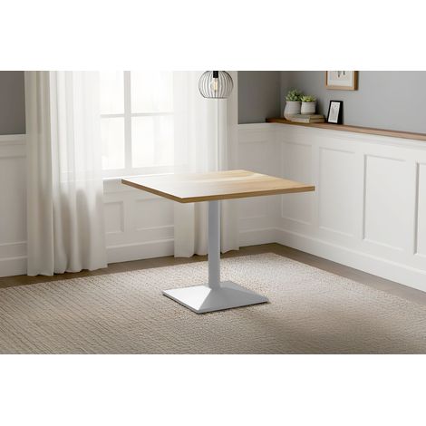 Bistrotisch massiv Akazie naturfarben eckig Runde Kante 80 cm Säulengestell eckig silber EMILE
