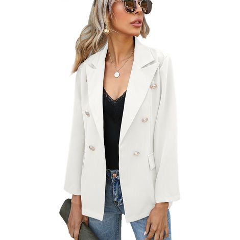 Veste Tailleur Femme - Col En V - Manches Longues - Poches Décoratives - Blanc - Taille L (1/5)