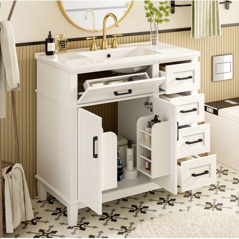 mueble baño con lavabo cerámico 90 cm blanco OKMYHOME (1/5)