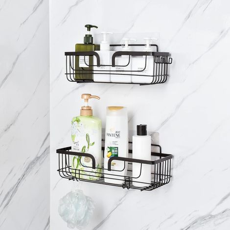 Serviteur de Douche Etagère de Douche Sans Perçage Adhésive Organisateur salle de Bain Serviteur de Douche Etagère avec 4 Crochets pour Salle de Bain Panier noir 2 pièces (1/5)
