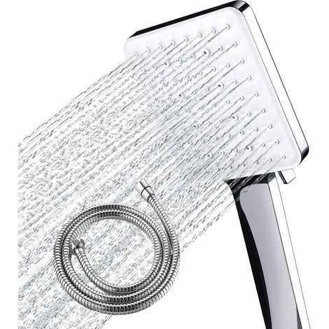 Pommeau de douche à main haute pression, 6 jets réglables, effet pluie, flexible de 1,5 m, finition chrome poli ultra-mince (1/5)