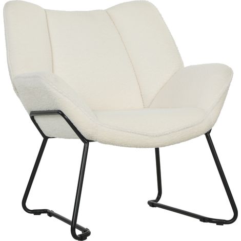 Fauteuil lounge moderne en sherpa polaire blanche, dossier large, pieds en acier, montage facile (1/5)