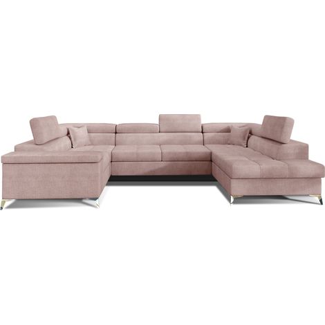 Canapé panoramique convertible TRIANO tissu - Coffre de rangement et têtières réglables-Rose clair-Coffre à droite (1/5)