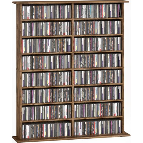 CD- und DVD-Aufbewahrungsschrank mit 16 Fächern und 12 verstellbaren Einlegeböden, maximale Kapazität 720 CDs/396 DVDs und Blu-rays, braun