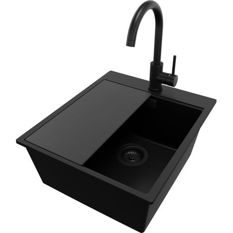 PRIMAGRAN Evier Cuisine en Granit 43x50cm, Lavabo 1 bac + Robinet 32x20cm + Kit de Vidage + Accessoire, Évier à Encastrer au meuble 45cm - Oslo, Tout Noir (1/5)