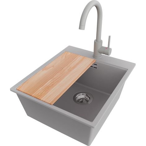 PRIMAGRAN Evier Cuisine en Granit 43x50cm,Lavabo 1 bac + Robinet 32x20cm + Kit de Vidage + Planche à Découper, Évier à Encastrer au meuble 45cm - Oslo, Gris (1/5)
