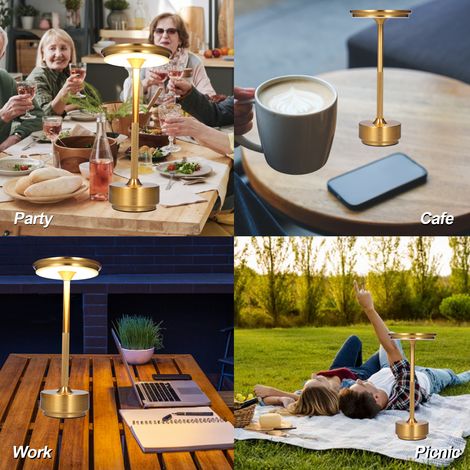 Lampe de table en métal minimaliste moderne à commande tactile LED bureau table de chevet sans fil 3 couleurs de lumière réglable en continu rechargeable pour bar restaurant café chambre (1/5)