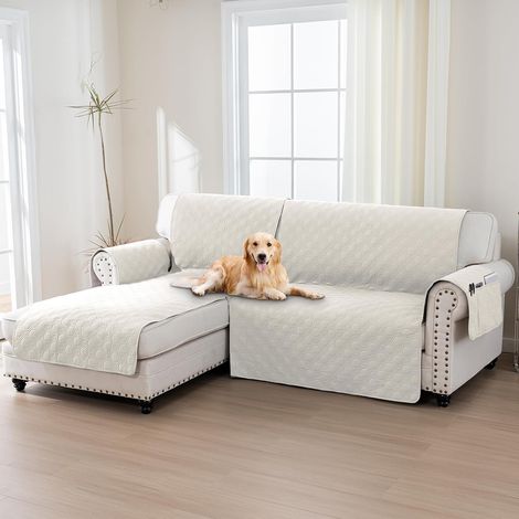 Housse Canape d'angle,2 Places Protege Canape 100% Impermeable,Housse Meridienne Côté Gauche,avec Poches Latérales,Forme de L 205cm,Beige (1/5)