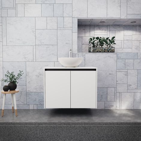 Inda - Badezimmerschrank B.80 mit Aufsatzwaschbecken / Mattweiß 2 Türen - Saphir