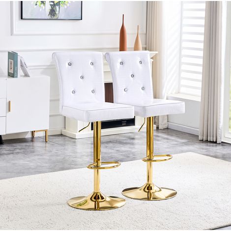 Lot de 2 tabourets de bar pivotants blancs en PVC, dossier capitonné avec boutons cristal (1/5)