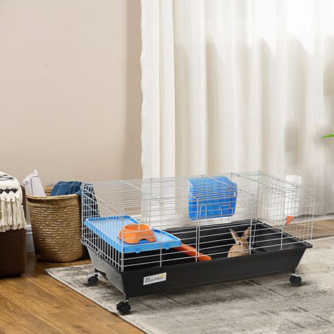 Noir 89x44x43 cm - Petite cage à rongeurs doté de roues Habitat pour furets Cobaye avec rampe de mangeoire pour buveur et toit ouvrible (1/4)