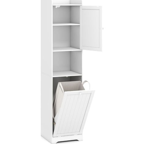 Mobile alto da bagno 40 x 40 x 170 cm con sacco portabiancheria estraibile e ripiani regolabili in MDF bianco 200010271
