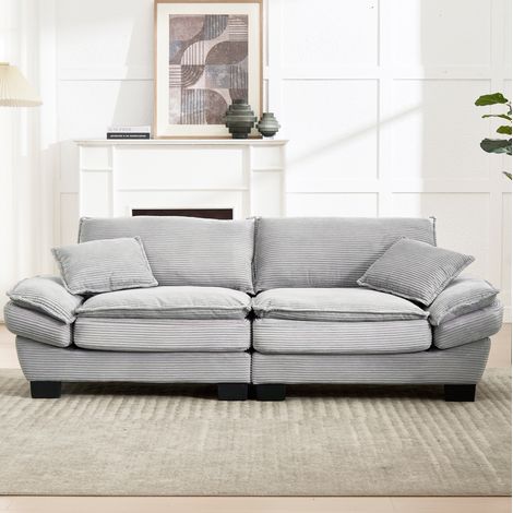 Sofa 224x81x81 cm in hellgrauem Velours, extrem tiefe Sitzfläche, Holzrahmen und schwarze Füße (1/5)