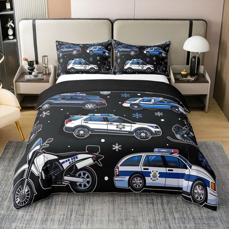 Parure de lit 100 % coton avec housse de couette 135 x 200 cm et 1 taie d'oreiller pour chambre à coucher - Motif voitures de police - Pour garçons et filles (1/5)