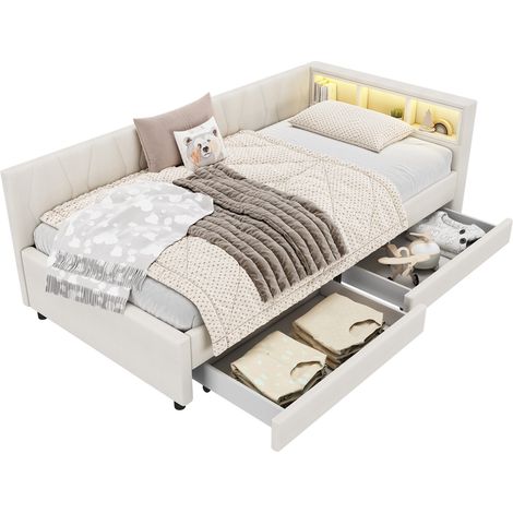 Sofá cama 90x200 cm tapizado en tela beige con LED, USB y Tipo C, 2 cajones y estantes en cabecero, con somier y almacenaje, sin colchón  CHICFURN (1/5)