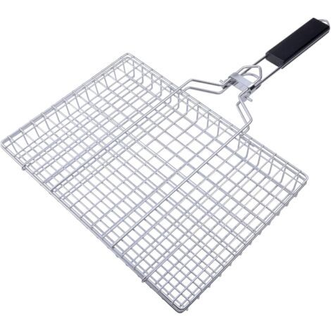 QORVA-1 panier à griller en acier inoxydable (50 x 32 x 3,5 cm), grille en alliage avec manche en bois, convient pour les légumes, la viande et le poisson