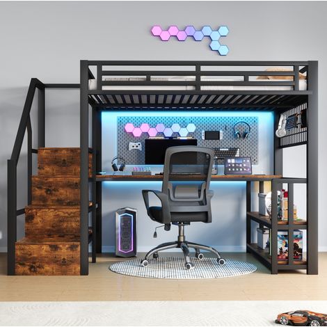 Cama alta juvenil con escritorio y LED negra HAVRYA (1/5)