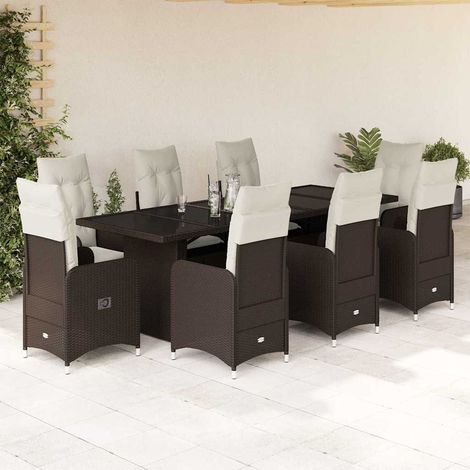 Set de mesa y sillas jardín 9 piezas y cojines ratán PE marrón vidaXL (1/5)
