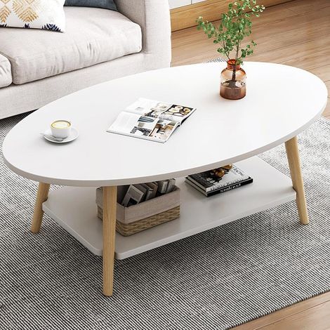 Table Basse Ovale Moderne Table,Double Couche en Bois avec étagère Épaisseur de la Planche 15 mm, Blanc End Table avec Pieds en pin pour Salon et Appartement(100x40x40) (1/5)