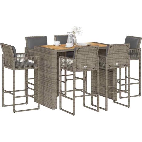 7-tlg. Gartenbar-Set mit Kissen Grau Poly Rattan Akazie