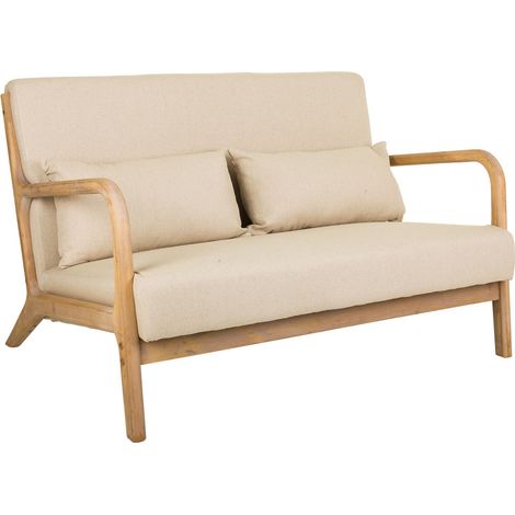 Sofá de madera y tapizado color crema 122x85x34/74 (1/5)