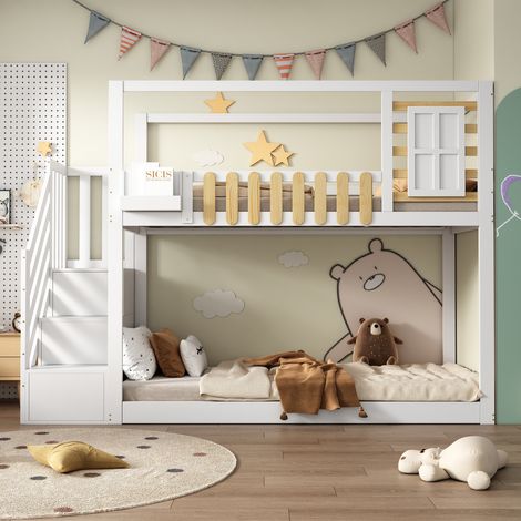 Lit superposé enfant 2 x 90 x 200 cm avec escalier de rangement 3 casiers, fenêtre, étagère latérale, garde-corps, pin massif et MDF, Blanc (1/5)