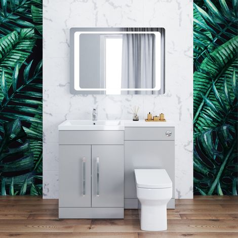 ELEGANT 1100mm Bathroom Vanity Sink Unit Furniture Storage,Left Hand Matte Grey Vanity unit + Basin + Ceramic Square Toilet with Concealed Cistern (1/5)