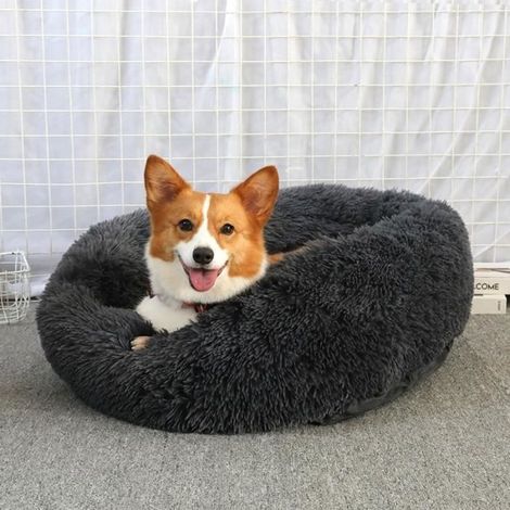 1 Lit pour chien, Rond, Moelleux, Lavable en machine, Antidérapant, Pour chat et chien, Gris foncé 60cm
