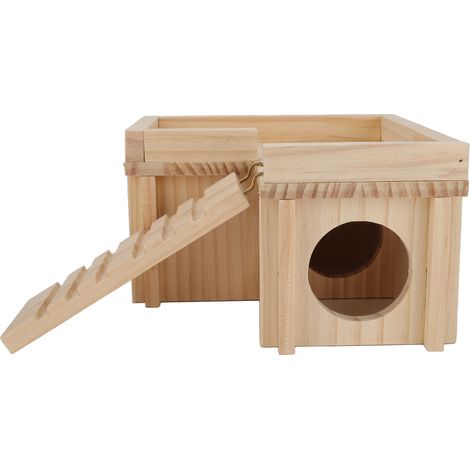Maison pour hamster à plusieurs pièces avec tunnel en bois et échelle, idéale pour un petit animal de compagnie comme un ourson doré. (1/5)