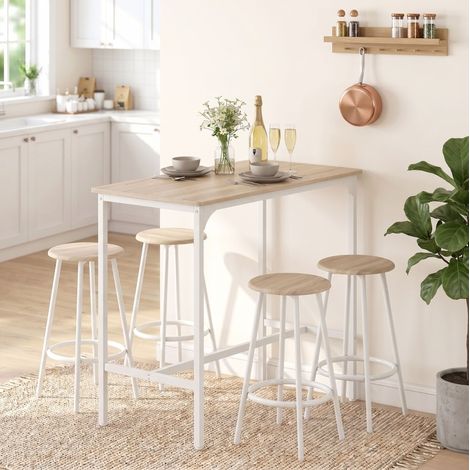 Ensemble table de bar et 4 tabourets, 5 pièces, style industriel, plateau en bois clair, structure en métal blanc, gain de place, pour cuisine et salle à manger - CHICFURN (1/5)