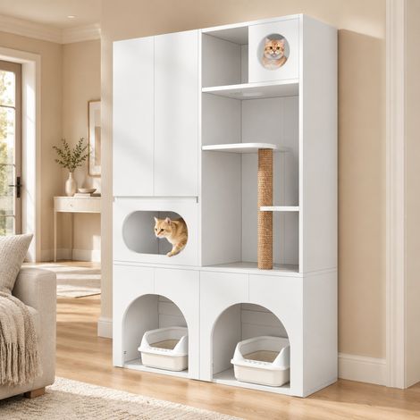 Mobile lettiera per 2 vaschette con tiragraffi e vani contenitore 140 x 45 x 195 cm bianco DESVIAE (1/5)