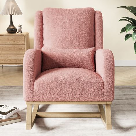 Fauteuil à bascule avec support lombaire et base en bois, chaise d'allaitement, fauteuil en peluche Teddy avec accoudoirs, poche latérale, chaise longue pour salon, chambre, balcon, Rose