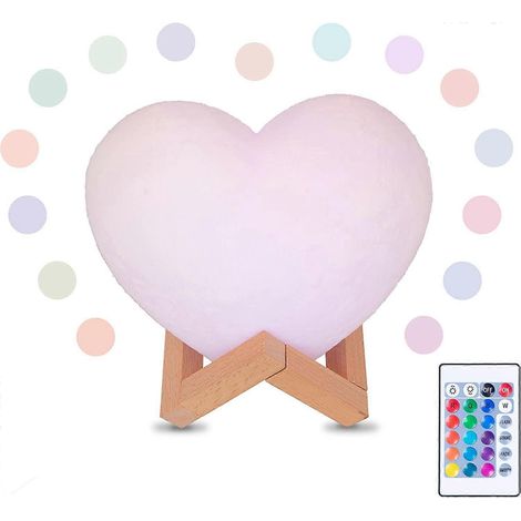 Dww-Lampe LED En Forme De Coeur, Impression 3D, Dimmable 16 Couleurs, Tlcommande et Interrupteur Tactile, USB Rechargeable, Lampe de Nuit pour Chambre (1/5)