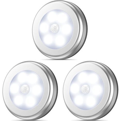 Three LED night lights with motion detectors, powered by three batteries (silver - white light). (1/5)