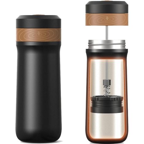 Machine à café portable à presse française - Cafetière de voyage en acier inoxydable - Tasse à café de 12 oz - pour le camping et les voyages (1/5)