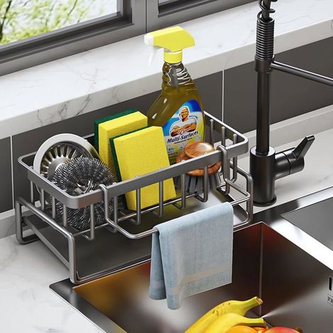 Rangement et Organisation de Cuisine, Organisateur d'évier en Acier Inoxydable avec bac d'écoulement Automatique pour Porte Eponge