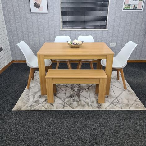 Dining Table and 4 Chairs With Bench Oak Effect Wood 4 White Plastic Leather Chairs Dining Room (1/5)