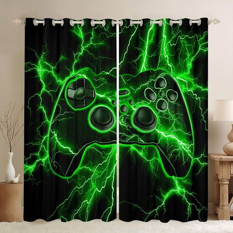 Rideau Occultant 117x137 cm Gamer, Rideau Gaming, Rideaux Voilage Console de Jeux Vidéo, Voilage Fenetre Vert Lightning pour Chambre Salon - 117L X 137H cm (2 Panneaux) (1/5)