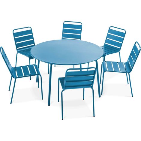 Ensemble table de jardin ronde et 6 chaises en métal bleu pacific - Palavas (1/5)