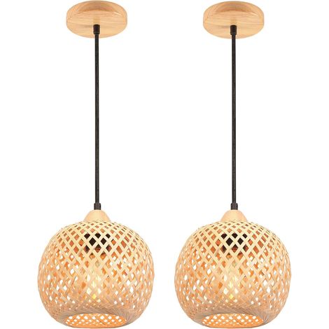 Lots de 2 Suspension en Bambou Tissage Lustre Style bohème Abat-jour en bambou Lampe de plafond Vintage Luminaire Plafonnier de Décoration pour Restaurant, Salon, Cuisine, Café (1/5)