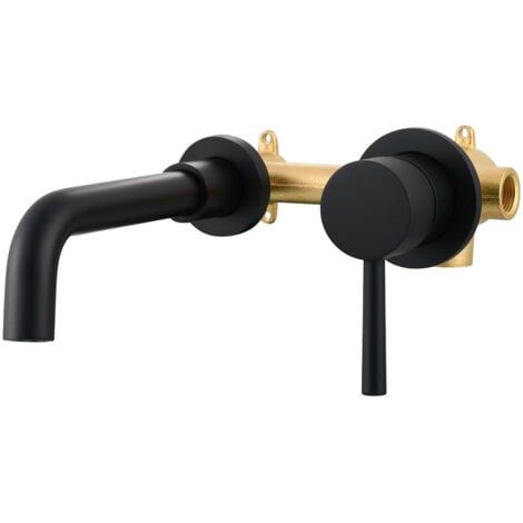 Mitigeur Lavabo Noir 2 Trous Robinet Mural Encastré en Laiton Eau Chaude et Froide pour Salle de Bain (1/5)