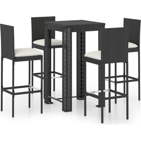 5 Piece Garden Bar Set with Cushions Poly Rattan Black vidaXL