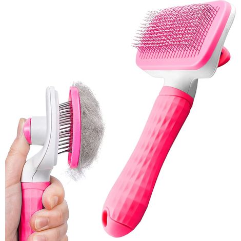 Brosse de toilettage pour chien et chat (1 pièce), peigne autonettoyant pour animaux de compagnie avec manche lisse, outil de toilettage pour chien avec bouton (rose) (1/5)