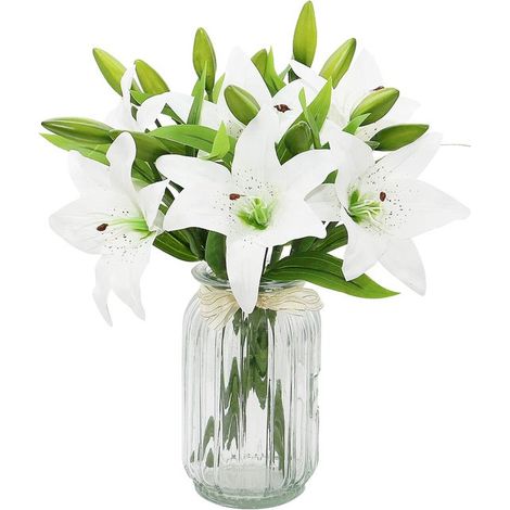 Strauß aus 6 weißen künstlichen Lilien, naturgetreue künstliche Lilien, geeignet für Hochzeiten, Innendekoration und Gartendekoration (weiß, 6 Stück)