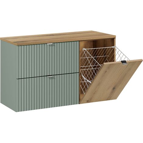Mueble bajo lavabo 100cm cesto ropa verde jade y madera